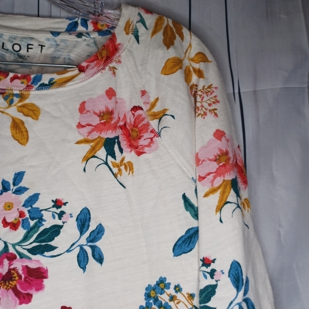 LOFT 100% Cotton Long Sleeve Floral Print Top - Cream and Pink Size S - Picture 6 of 16